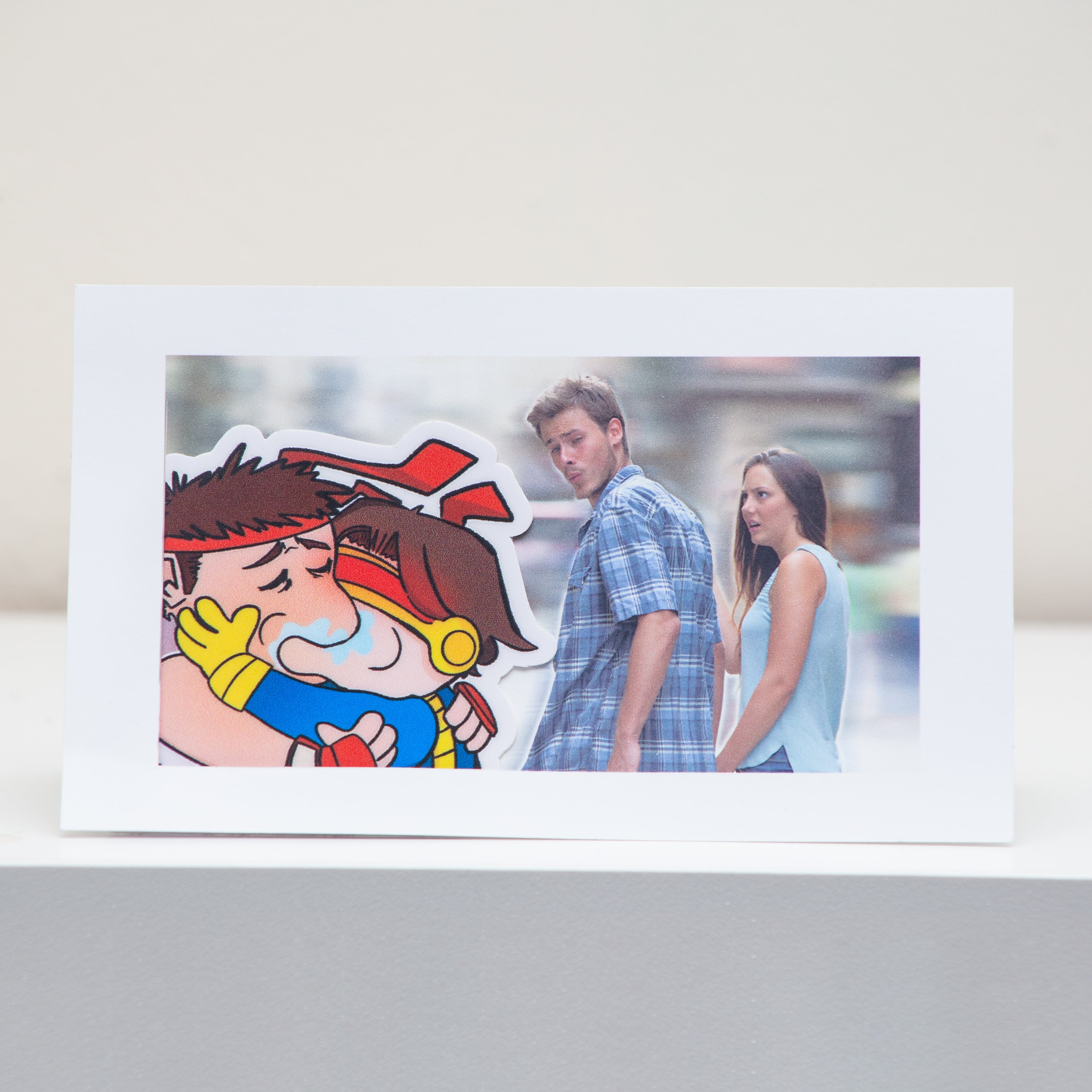 Distracted Boyfriend Meme Postcard Display.